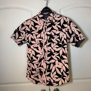 Eighth Avenue Mens Large Short Sleeve Button Down Shirt Pink Black Leaf Print